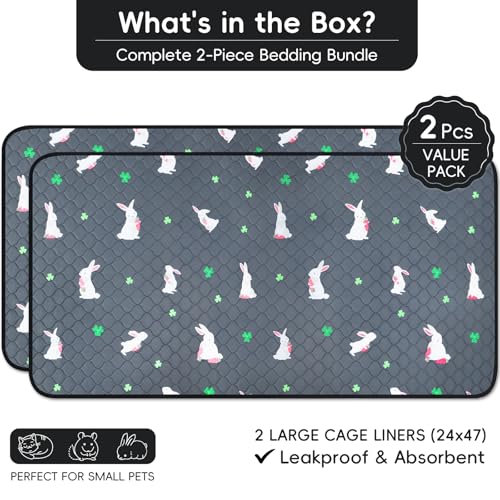 2 Pack Guinea Pig Cage Liners, Washable Guinea Pig Pee Pads Waterproof Reusable & Anti Slip Guinea Pig Bedding Fast and Super Absorbent Pee Pad Tarp Bottom for Small Animals (Rabbit Pattern 24" X 47")
