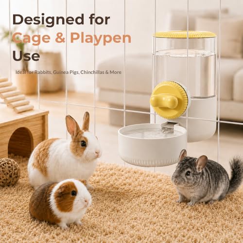 34 oz Hanging Water Dispenser for Small Animals, Guinea Pigs & Rabbits | Secure Mount | Adjustable Height | One-Way Flow | Outside Refill | Easy Cleaning - color: Yellow