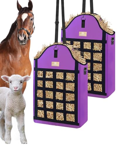 Hay Bags for Horses,2 Packs Slow Feed Hay Bags for Goats,Sheep,Donkey,600D Reinforced Oxford Hay Feed Bags with Front Hay Nets Design, Easy to Fill and Hang with Large Opening (2Purple) - color: 2Purple