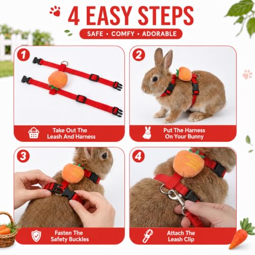 Rabbit Harness and Leash Set, Bunny Leash for Walking Escape Proof, Adjustable Cute Vest with Decoration for Ferret Cat Puppy Small Pets (Carrot)