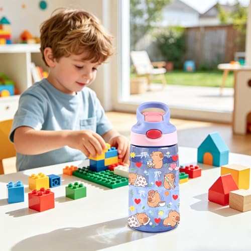 Kids Plastic Water Bottle - Cute Water Bottle for Kids, 14oz Plastic Water Bottles with Straw Lid, Leakproof BPA-Free Animal Water Bottles for Home Sports Travel, Pop-Up Straw Cover, Purple - color: Capy-bara