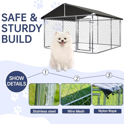 Petony Outdoor Dog Enclosure Heavy Duty Dog Kennel House Mesh Dog Big Cage Pet Kennel Steel Fence with Secure Lock - size: 78”W x 78”D x 65”H