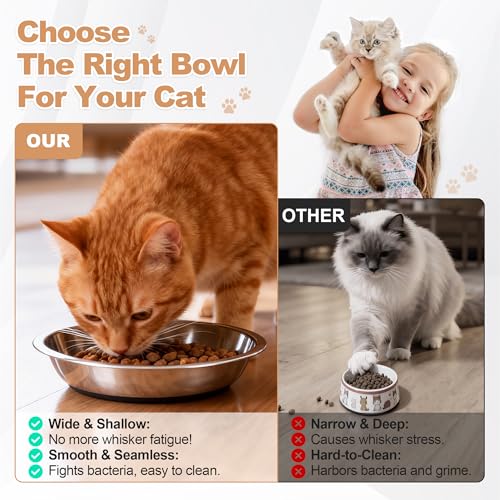 2 Pcs Stainless Steel Cat Bowls, Cats Food Bowls Whisker Friendly, 7 Inch/18cm Non-Slip Pet Bowl Cat Dish Feeding Bowls for Puppy, Small Dogs, Rabbits