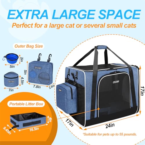 Extra Large Cat Carrier with Litter Box for Car Travel, Blue | 24"L x 17"W x 17"H, Seat Anchors and Lockable Safety Zippers, Collapsible Soft Sided, for 1 Medium-Large Cat or 2 Small Cats