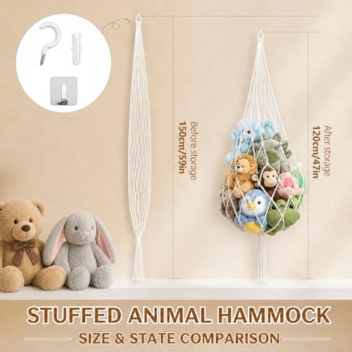 Corner Hanging Toy Hammock, Large Stuffed Animal Storage Net for Kids Room, Boho Nursery Decor, Easy Install with Hooks, Holds 100+ Plushies, Soft Cotton Rope, off white