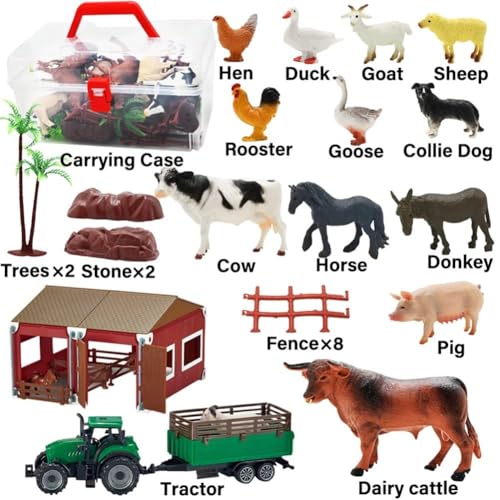 66PCS Mini Farm Animal Barn Toy with Tractor Trailer Fence for Kids Ages 3+ | Realistic Farm Animal Figurines, Educational Birthday Gift for Kids