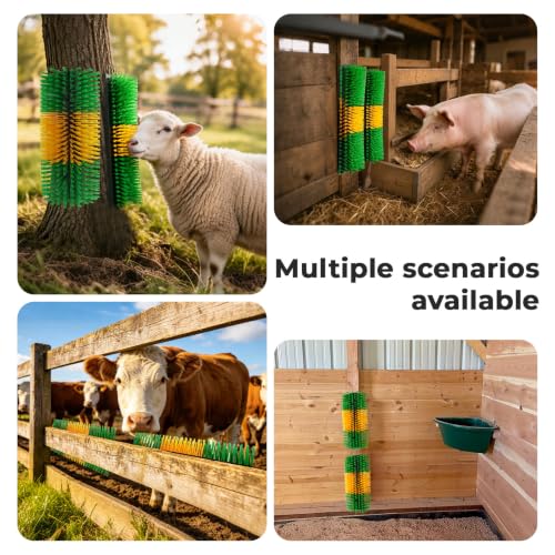 2 Pack Horse Brush Goat Scratching Post, Livestock Scratching Brush | with Cleaning Tool, Gloves, Stiff Bristle, Itch Relief, Self-grooming, Full Massage, Livestock Brushes Set Includes 8 Screws - color: Green