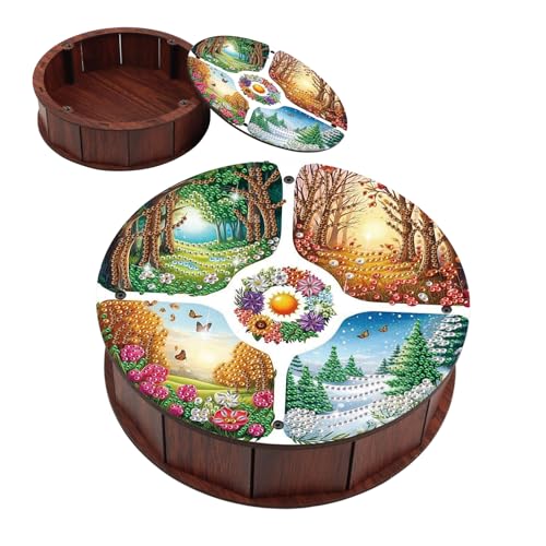 JISHSHAY Diamond Art Storage Box Four Seasons Diamond Painting Wooden Snack Box Gem Painting Candy Box Gem Art Organizer Case Embroidery Kit Mosaic Kits for Adults Storage Containers with Lid - color: Four Seasons