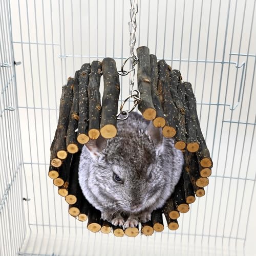 BNOSDM Chinchilla Hanging Tunnel Toy with Adjustable Metal Chain,Natural Fruitwood Small Animal Tubes & Tunnels Toys, Rat Cage Accessories for Ferret, Squirrel, Guinea Pig (Size M)