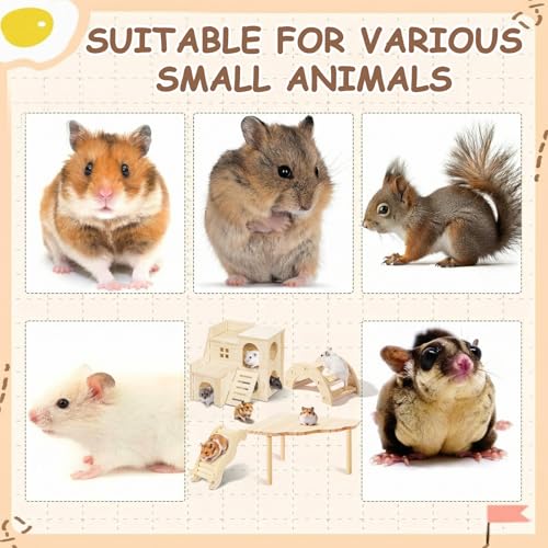 BreezeHug 4 Pcs Hamster Cage Accessories Hamster Platform Hideout Wooden Tunnel Ladder Playhouse Game Climbing Toy with Platform for Pets Dwarf Syrian Mice Degus Gerbils Squirrel(Villa) - style: Villa