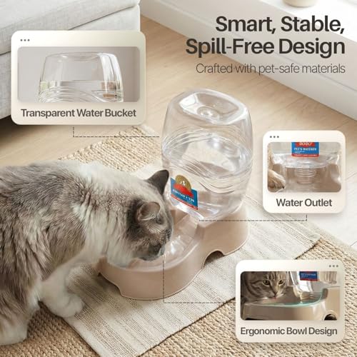Flexzion Gravity Pet Water Dispenser for Cats & Small Dogs, 1/4 Gal Beige | Automatic Cat and Dog Waterer with 900 Ml Reservoir, Non-Skid Feet, Recessed Carry Handle, and Easy-Clean Pp Bowl - color: Beige, size: 0.9 L