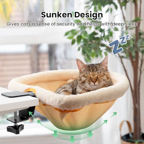 Cat Desk Bed One-Click Folding Maximum Holds 40lb, Cream Fur | Sunken Design & Space-Saving Semi-Circular Cat Bed, Soft Faux Rabbit Fur Material, Suitable for Various Desktops - color: Cream