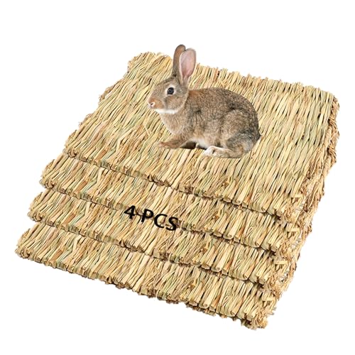 PINVNBY Straw Mats for Rabbits,11.0"x8.3" Natural Bunny Grass Mat,Handwoven Rabbit Hay Mat Small Animal Bedding Chewable & Cooling Mat - Eco-Friendly Cage Liner Nesting Toy(4 PCS) - size: 【4 PCS】