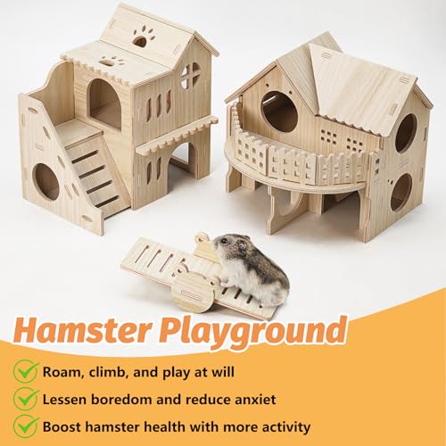 BNOSDM Double Hamster Hideout House, Wooden Hamster Toy with Balcony & Seesaw, Small Animals Hides for Syrian Dwarf Hamsters, Gerbils - color: Style C