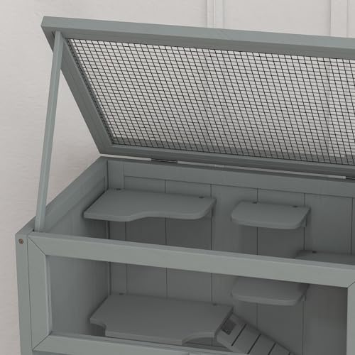 PawHut 3-Tier Wooden Hamster Cage Mice and Rat Cage Gray | Small Animals Hutch, Openable Top, Storage Shelf - color: Gray