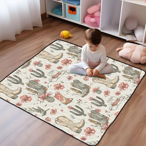 Baby Play Mat Cowboy Boot Hats Western 50 x 50 Playpen Mats for Floor Play Gym Crawling Mat Non-Slip Cushioned Baby Playmat for Infants, Babies, Toddlers - color: Multi 19