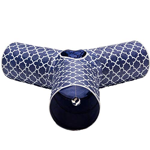Cat Tunnel - Collapsible 3 Way Quatrefoil Play Toy - Tube Fun for Rabbits, Kittens, and Dogs - Quatrefoil Navy/White - color: Navy/White