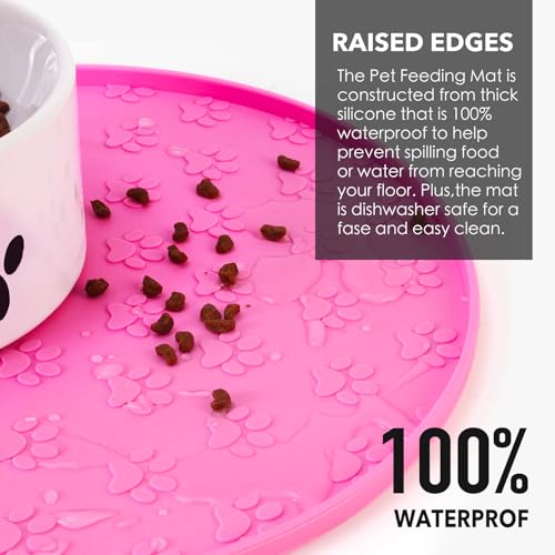 Silicone Pet Food Mat - Waterproof Dog Food Bowl Mat Cat Feeding Mat Thicker Pet Placemat Eating Mat with High Lip to Prevent Spills, Dog & Cat Water Bowl Mat for Messy Drinkers to Protect Floors,Pink - color: Pink