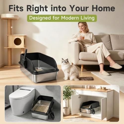 Stainless Steel Litter Box with High Sides, Include Scoop, Black | Easy Cleaning Anti-Urine Leakage Non-Sticky Open Top Low Entry - color: Black XL