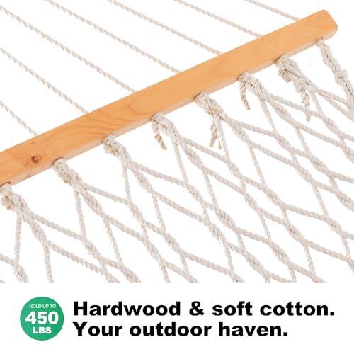 GAFETE Rope Hammock 2 Person Traditional Hand Woven Outdoor Cotton Hammocks with Hardwood Spreader Bar, Max 450 lbs Capacity (Natural Beige, Large) - color: Natural Beige, size: Large