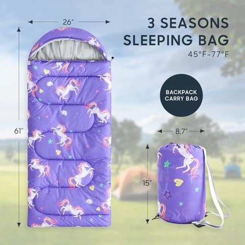 Wake In Cloud - Kids Sleeping Bag for Girls Toddlers, Camping in Warm Cold Weather, Backpacking Lightweight Compact Outdoor Liner for 3 Seasons, Unicorns Stars Hearts - color: Purple