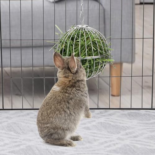 Rabbit Hay Ball Stainless Steel Hanging Feed Dispenser for Bunny Hamster Guinea Pig Rat Chinchilla (A: 5.11inch, Silver) - size: A: 5.11inch