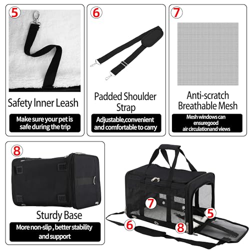 Soft Sided Cat/Dog Carrier,Collapsible Pets Travel Carriers for Pet/Puppy with Shoulder Strap & Removable Mat,Mesh Top Load Small Dogs/Cats Carry Bag Up to 17 Lbs TSA Airline Approved（Black,M） - size: 11.0"L x 11.0"W x 17.0"H