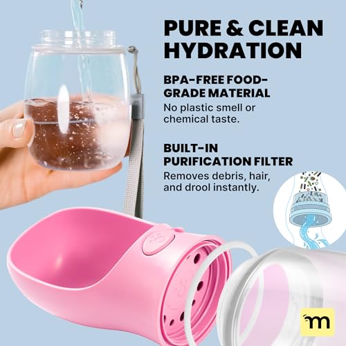 MalsiPree On the Go Dog Water Bottle - 12 oz Pink, Leak-Proof | 12oz leak-proof bottle & built-in bowl - one-hand use - Use for dog travel, hiking, park & beach days - color: Pink, size: 12oz - Standard
