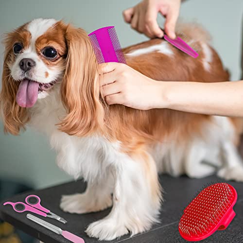 7-Piece Small Pet Grooming Kit: Brush, Nail Clippers, Hair Remover, Shampoo Brush with Hand Strap for Rabbits, Hamsters, Bunnies - color: Pink