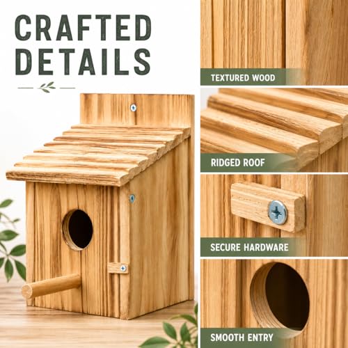 Wooden Bird House for Outside, Hanging Natural Wood Birdhouse with Perch, 1.57" Entrance & Side Clean-Out Door for Bluebirds, Wrens and Finches, Garden Decor