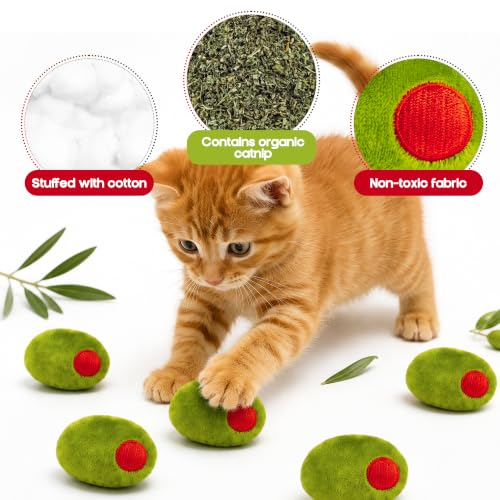 5Pcs Olive Catnip Crinkle Paper Sound Toys for Cat, Catmint Cat Toy Gift | Soft Cotton, Durable for Chew Kick, Catnip Filled Plush Green Olive Interactive Toy for Indoor Kittens Boredom Exercise Play - style: Olive (with Crinkle Paper)