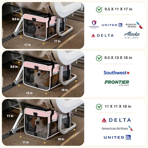 Lekereise Top-Expandable Pet Carrier 18x11x11Inch Delta American United Airline Approved Soft Sided Underseat to 15lbs Travel Carriers for Small Dogs Cats with Locking Safety Zippers Anti-Scratch Mesh - color: Pink