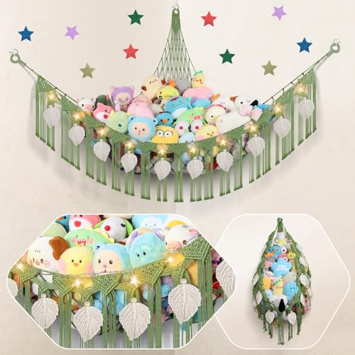 82.7x59x59 Inch Jumbo Stuffed Animal Storage Hammock Corner Toy Net, Green | Macrame Cream Leaf Stuffed Animal Net Organizer for Stuffy Plushie, Boho Handcrafted Plushies Storage Holder w/Star Lights - color: Green, size: XXX-Large Leaf Style