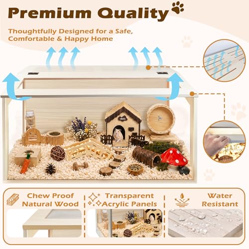 PROLEE Hamster Cage with Chewproof Wood Top, Guinea Pig Cages, Hamster Habitat with Clear Acrylic Sheets Solid Built, Small Animal Cage (Oak, 32X15.5X15.5 inch) - color: Oak, size: 32.0"L x 15.5"W x 15.5"H