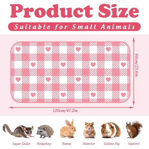 JarThenaAMCS 3 Pcs Checkered Guinea Pig Pee Pads 24 x 47 in Pink White Heart Reusable Bunny Squirrel Mat Washable Small Animal Cage Liner for Valentine's Day Rabbit Hamster Chinchilla Ferret Rat