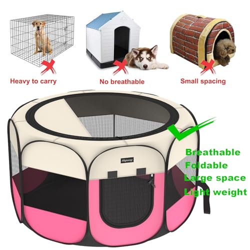 Portable Pet Playpen Puppy Pen Dog Tent Cat Playpen | 8-Panel Indoor/Outdoor Puppy Pen with Shade Cover & Travel Bag - Waterproof Dog Cat Tent - color: Pink, style: Large(45"x45"x24" with free bonus)