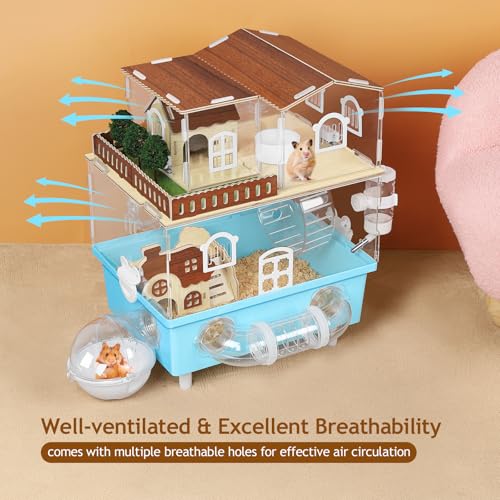 Acrylic Hamster Cage 2 Tier Clear Hamster House with Tunnels | Dwarf Hamster Cage & Habitat with Running Wheel, Food Bowl for Gerbils Syrian Hamsters,13.3''L* 9.8''W* 17.4''H, Blue - color: Blue