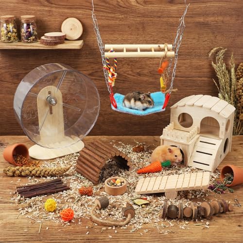 11 Pcs Hamster Cage Accessories Set, Bridge, Exercise Wheel, Swing, Chew Toys & More, Natural Wood Hamster Play Set for Dwarf Hamsters, Mice Small Animals Habitat(Wooden Hawaii House) - style: Wooden Hawaii House