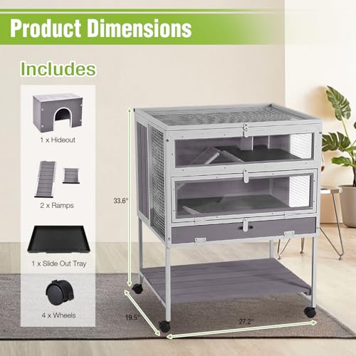 GUTINNEEN Guinea Pig Cage for Small Animals, Hamster Cage with Metal Iron Frame & Chew-Proof Aluminum Edges, 2-Story Small Animal Cage with Leak-Proof Tray, Hideout, and Storage Shelf, White