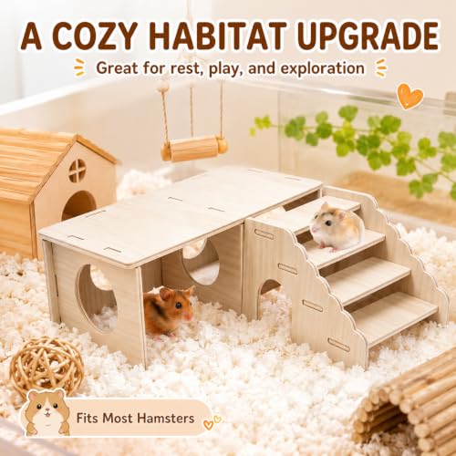 2 Pcs Hamster Hideouts, Wooden 2 Chamber Hideout Tunnel Hamster Platform with Climbing Ladder