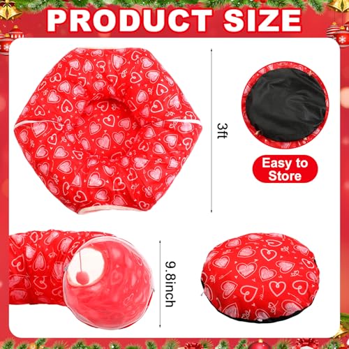 Soulchen Cat Tunnel Bed 3 ft x 3 ft x 9.8 Inches Cat Tunnel Tree Skirt Red Heart Pet Cave Donut Decor for Indoor Small Medium Kittens Dog Rabbit Ferret
