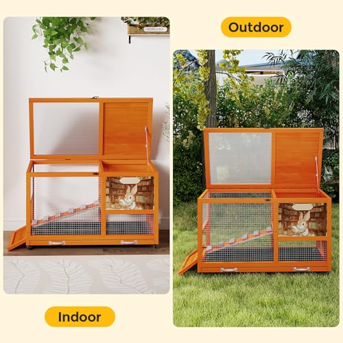 COZIWOW 36.5-Inch Double-Decker Wooden Rabbit Hutch with Wheels, Featuring A Cleaning Tray and Ladder—Stylish and Easy to Assemble（Orange and Pattern） - color: Orange and Pattern