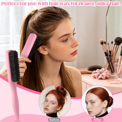5 Pcs Pink Slick Back Hair Brush Set, Boar Bristle Hair Brush with Wide Tooth Comb, Edge Brush, Teasing Brush, Rat Tail Comb for Women Men - color: Pink