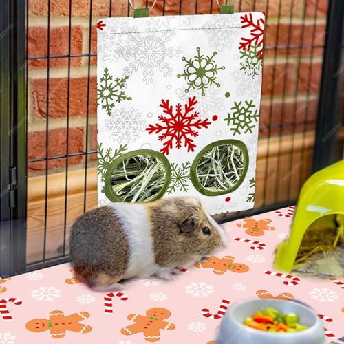 JarThenaAMCS 2 Pcs Winter Snowflake Rabbit Hay Feeder Bag with 2 Holes 11.5 x 9 Inch Christmas White Guinea Pig Hanging Hay Feeding Bag Storage Dispenser for Xmas Hamster Bunny Small Animal Pet