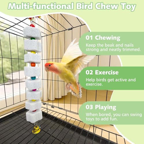 3 Pack Parrot Chewing Toys,Lava Calcium Bird Beak Grinding Stone with Bell Hanging Parakeet Cage Accessories for Parrot Budgies Hamster Chinchilla Rabbit African Grey - color: White