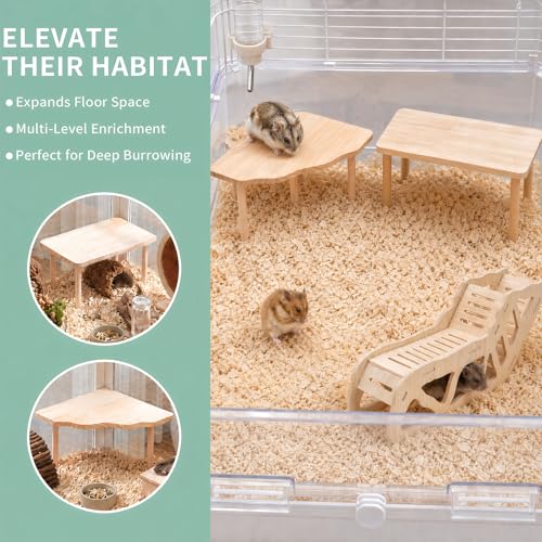 3-Piece Wooden Hamster Platform Set, Versatile Hideout & Exploration Tunnel with Ladder, Cage Decor for Syrian Dwarf Hamsters, Gerbils, Mice
