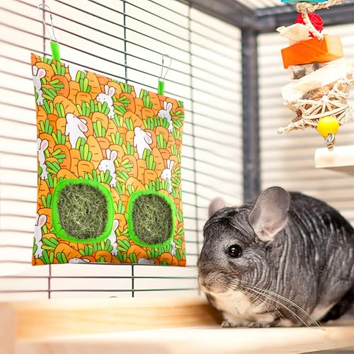 UPINS 3Pack Guinea Pig Hay Feeder Bag,Bunny Rabbit Cage Bag Hanging Holder | Guinea Pig Cage Feeder,for Bunny Rabbits,Chinchillas,Hamsters,Small Pets,and Animals - color: Orange Blue Pink