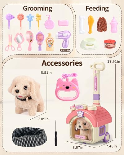 Stactcute 23Pcs Dog Toy for Kids with Portable Puppy Stroller | Walking Barking Interactive Stuffed Puppy, Gifts for Little Girls 3 4 5 6 Year Old, Pet Care Playset, 23 Pretend Accessories - style: dog
