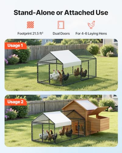 VEVOR Metal Chicken Coop for 4-6 Chickens, 3.3 x 6.6 x 3.3 ft, Small Chicken Cage with Waterproof Cover & Double Doors, Spire Roof Poultry Run Compatible with Wooden Coops, for Rabbit Hen Goose Duck