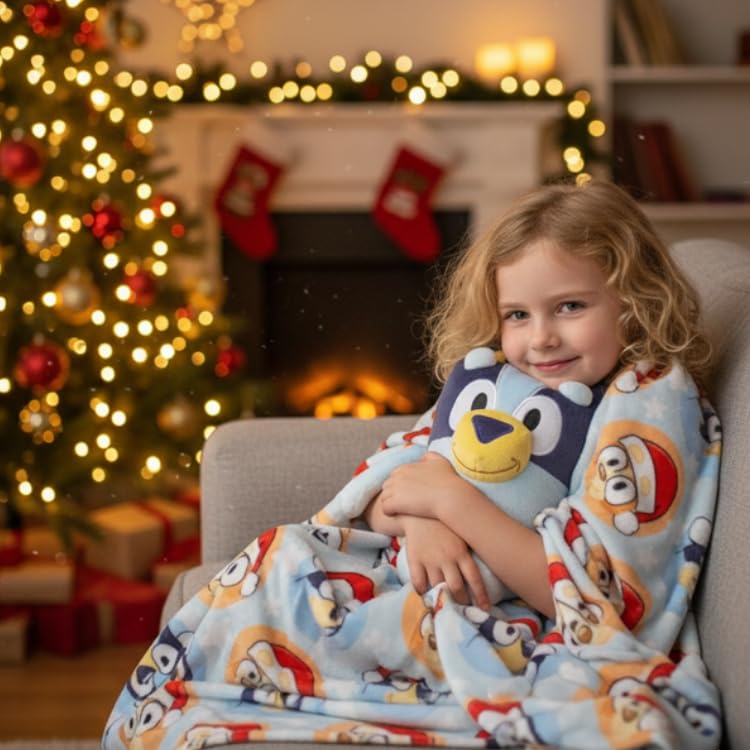 Jay Franco Kids Christmas Hugger Set – 12" Plush Pillow Buddy & 46" x 60" Fleece Throw Blanket, Ultra-Soft Bedding & Travel Set, Holiday Bedroom & Couch Décor, Blue - Bluey - color: Blue - Bluey